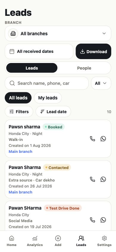 Showroom 360 mobile lead list